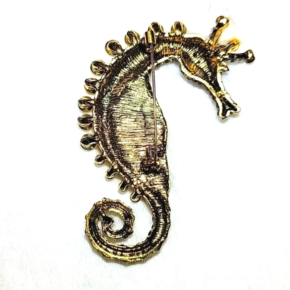 Fabulous Amber Colored Rhinestone & Abalone Sea Horse Gold Tone Brooch Pin - Picture 6 of 12
